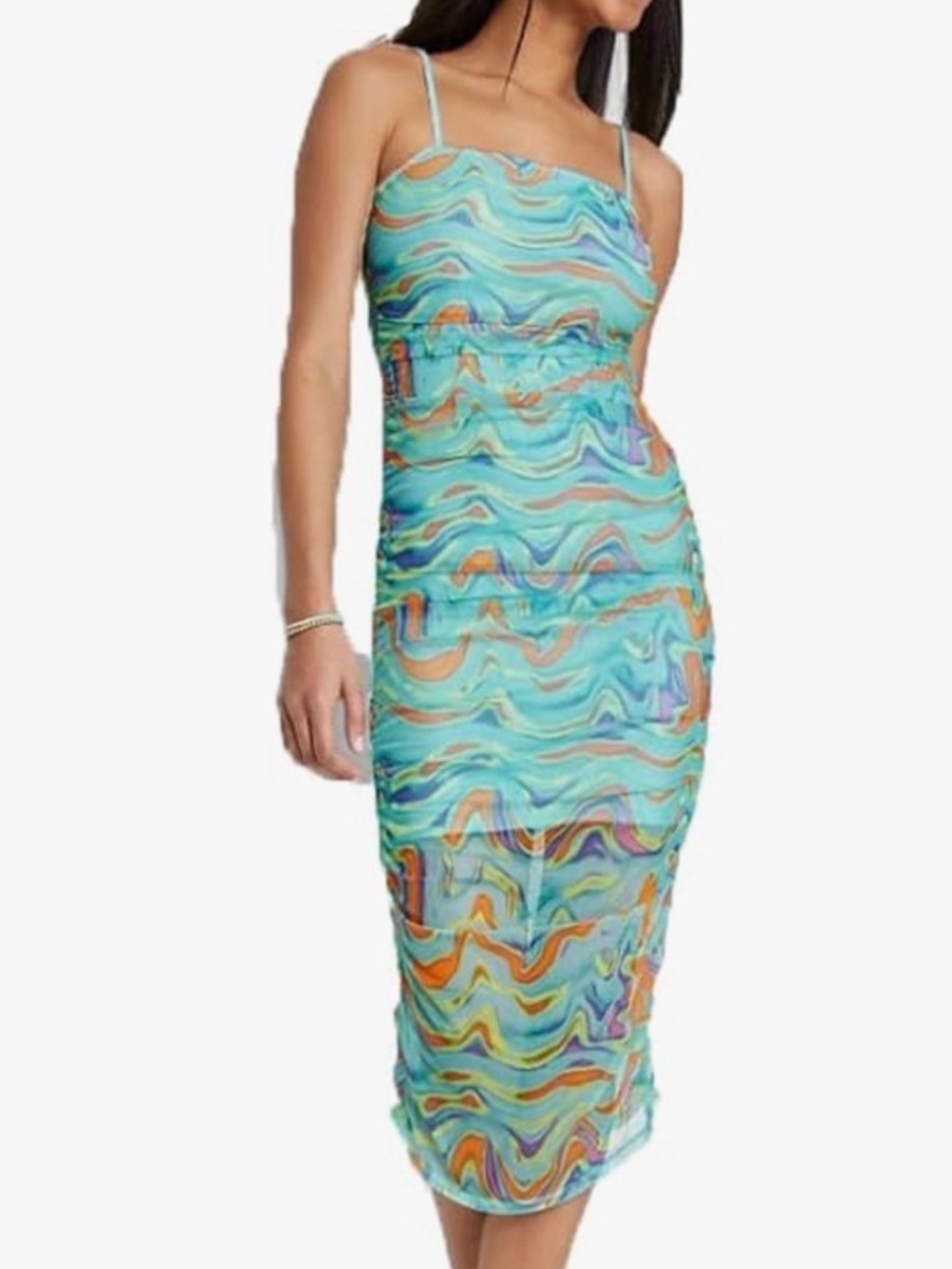 Aqua Multicolor Swirl Midi Dress Y2K Ruched Turquoise